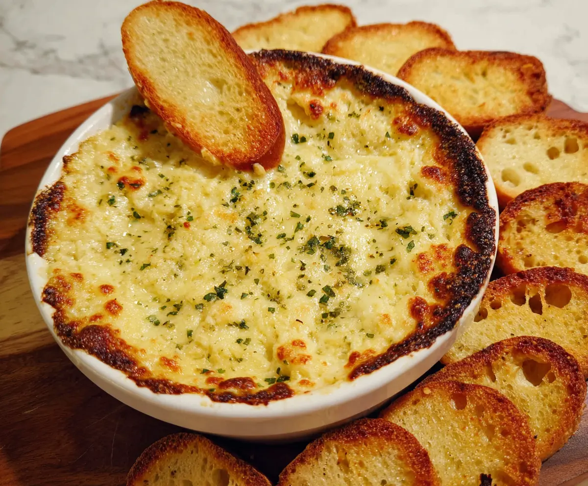 Delicious baked garlic bread dip served in a bowl with fresh herbs, perfect for snacks or parties
