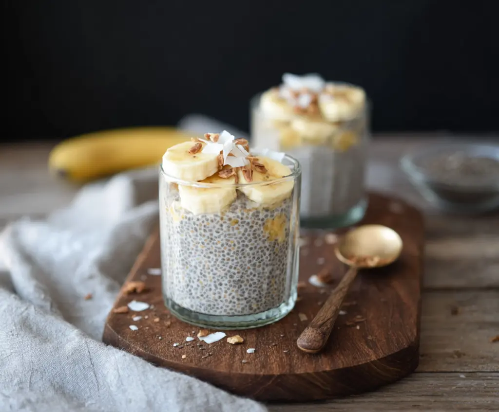 Creamy Banana Coconut Milk Chia Seed Pudding topped with fresh fruit for a healthy breakfast.