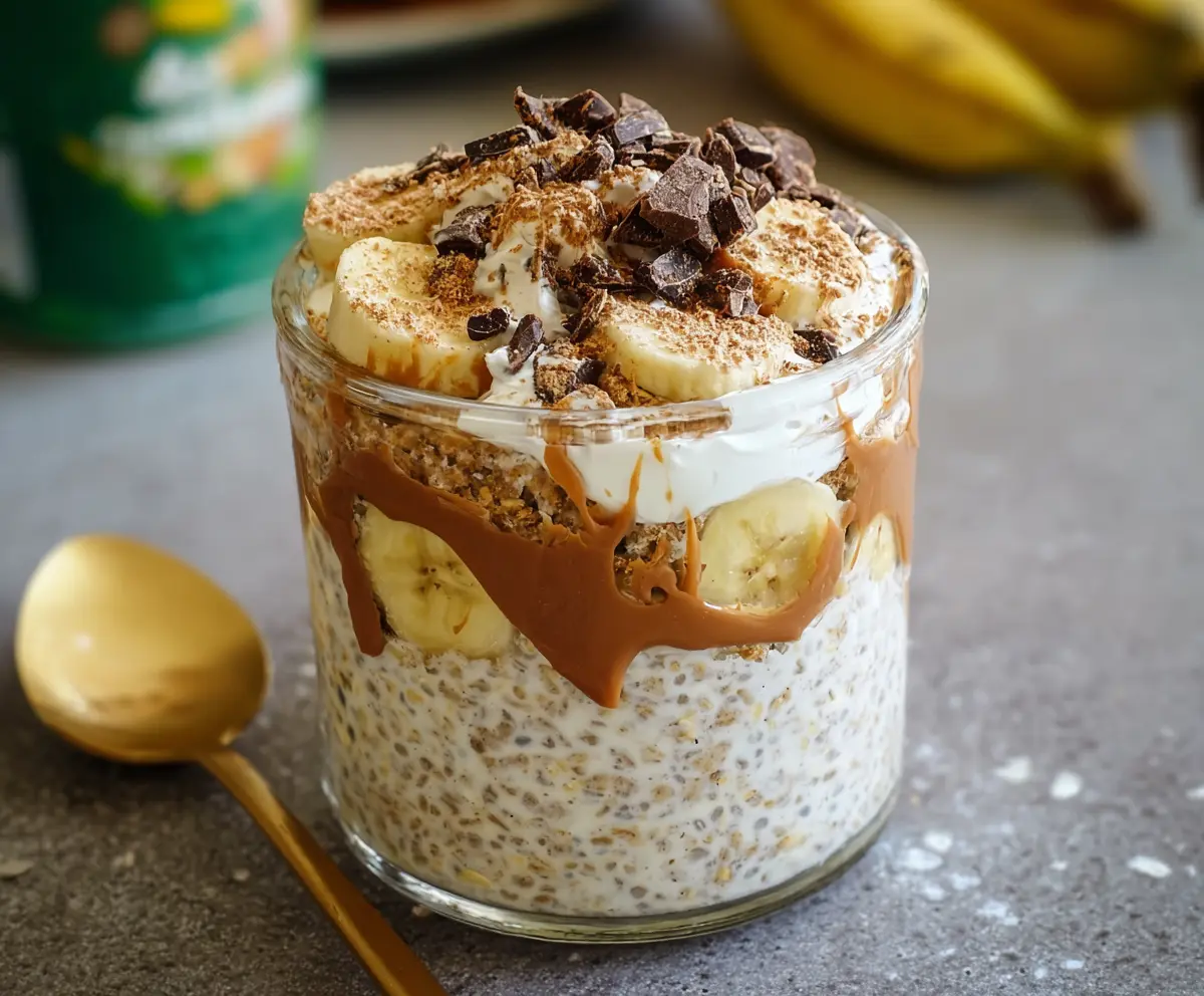 Creamy Banoffee Pie Overnight Oats topped with caramelized bananas and whipped cream for a delicious breakfast treat.