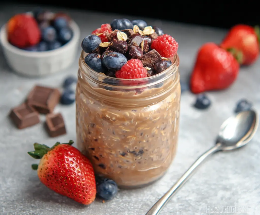 Delicious Berry Chocolate Overnight Oats in a glass jar featuring fresh berries and a drizzle of chocolate sauce.