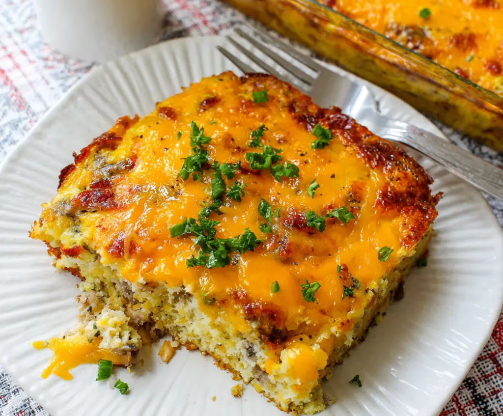 Delicious Bisquick Breakfast Casserole with eggs, cheese, and sausage served in a baking dish.