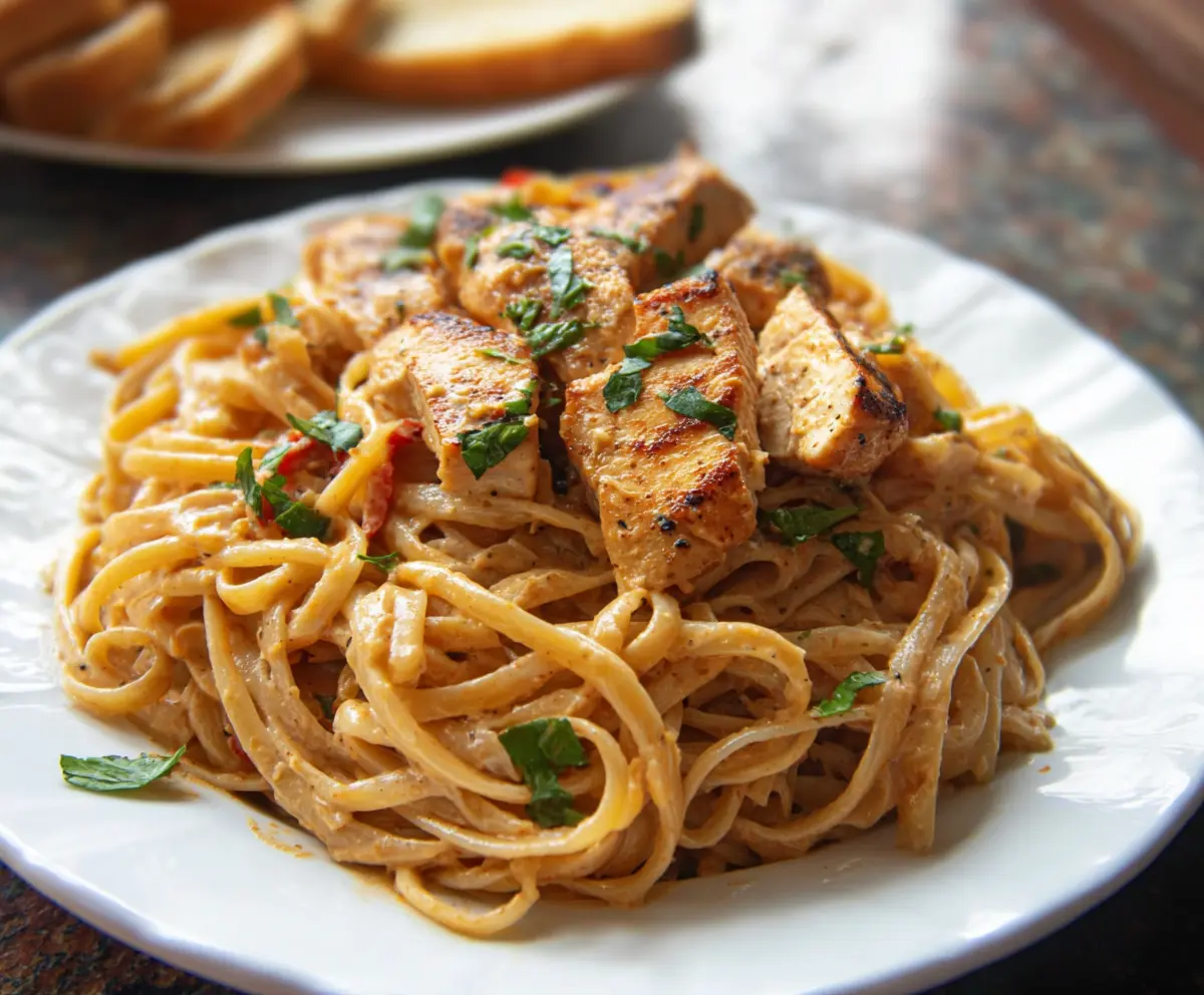 Delicious Cajun-style chicken spaghetti with bold spices and fresh ingredients.