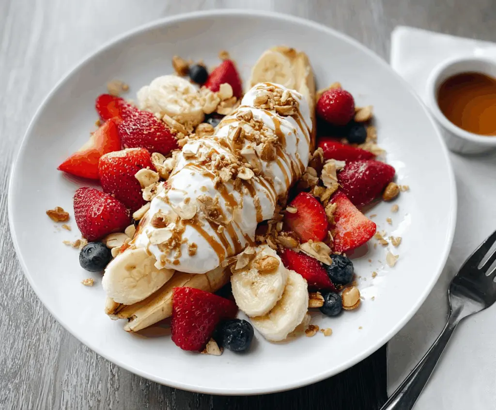 Delicious breakfast banana split with fresh bananas, strawberries, and yogurt in a glass bowl.
