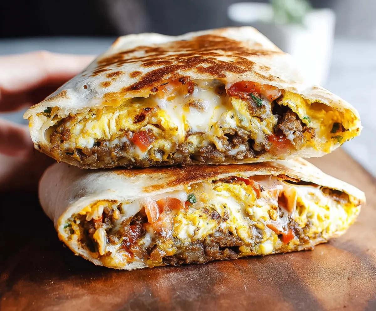Delicious Breakfast Crunchwrap with eggs, cheese, and sausage wrapped in a crispy tortilla.
