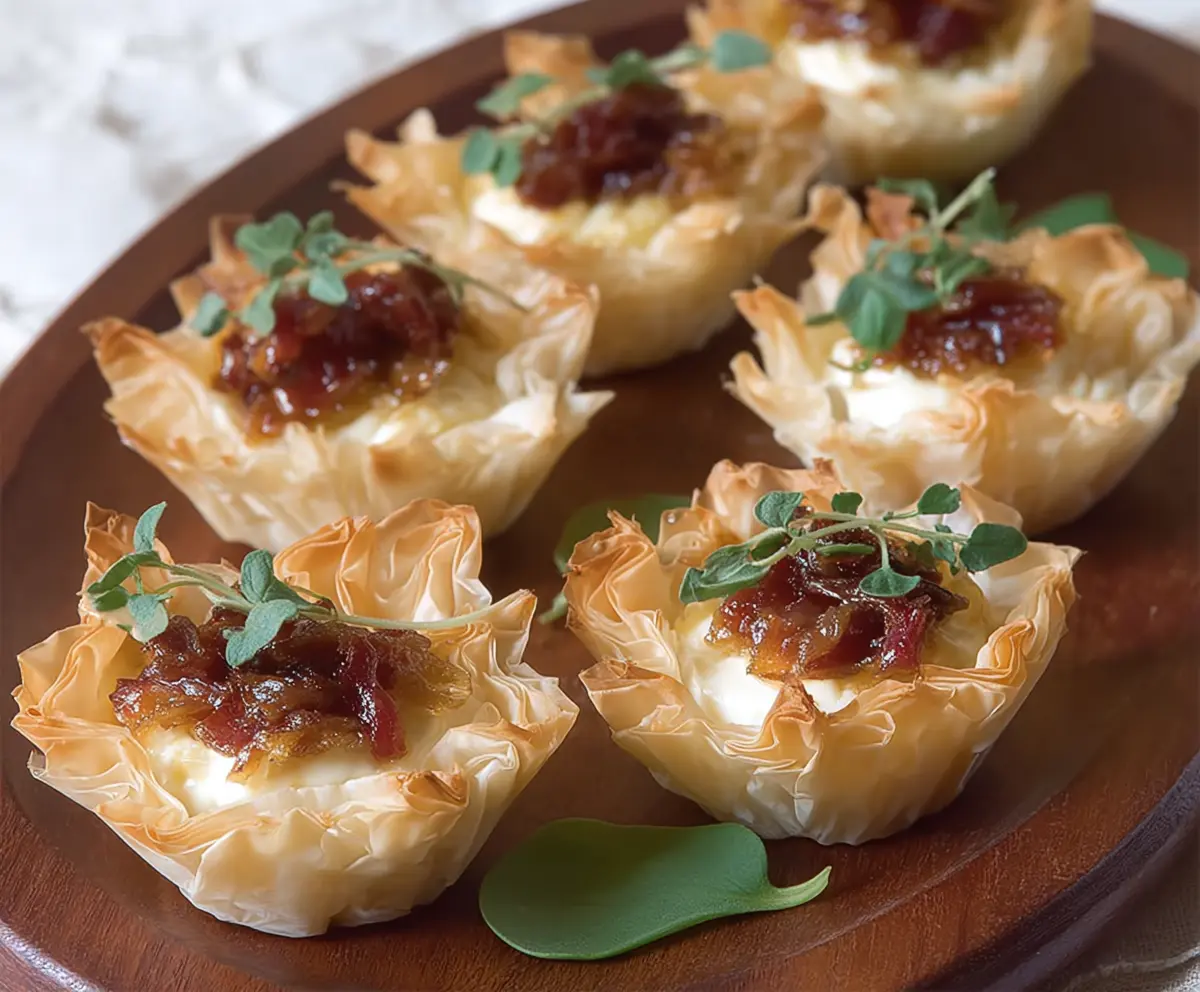 Delicious Brie and Bacon Phyllo Cups ready to serve as appetizers.