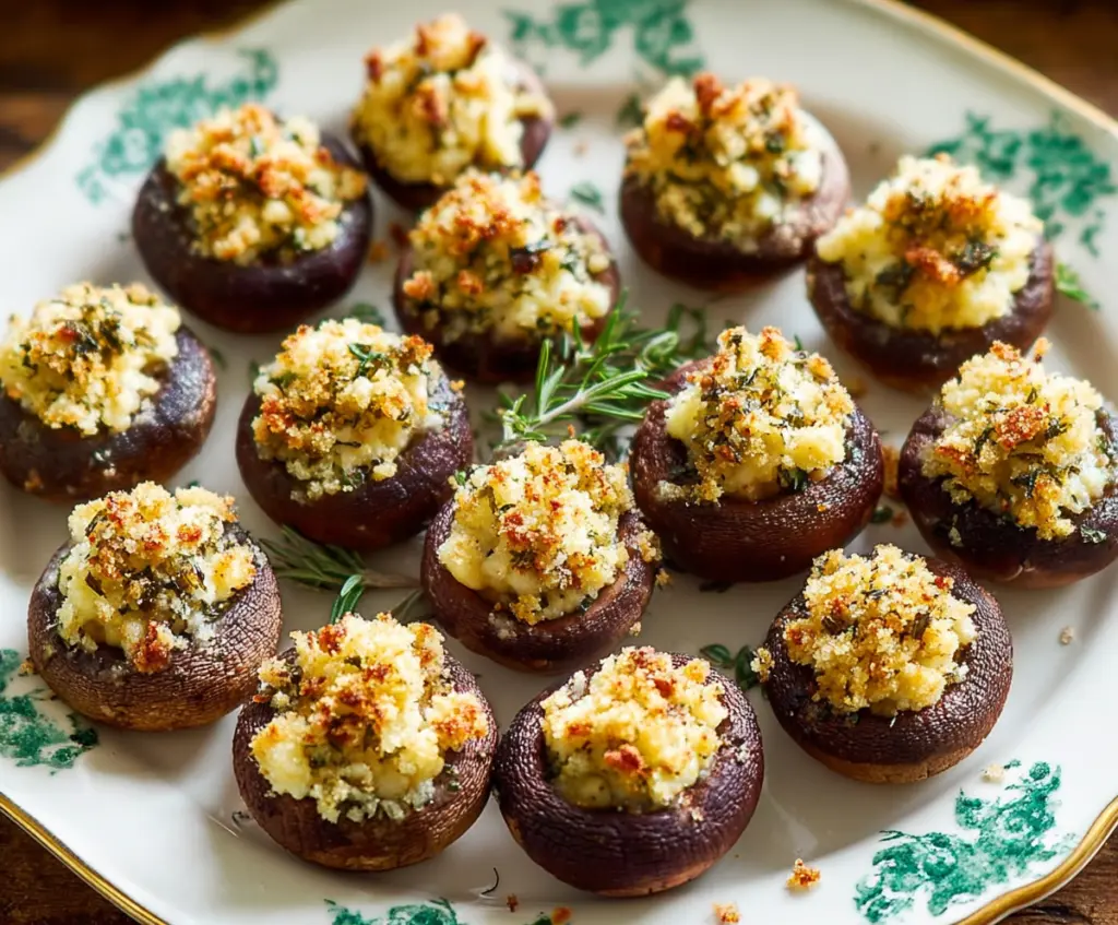 Delicious baked Brie stuffed mushrooms garnished with herbs, perfect as an appetizer or party snack.