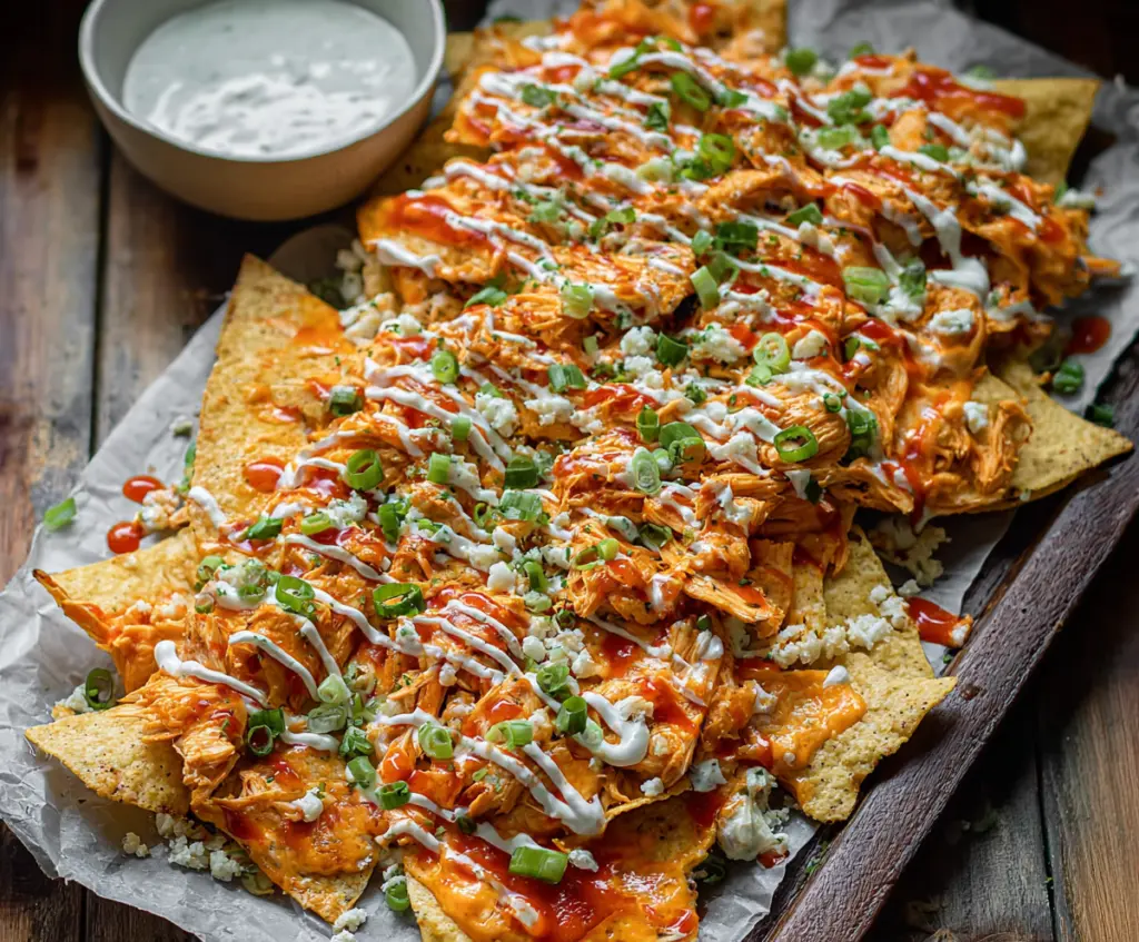 Delicious Buffalo Chicken Nachos with melted cheese, spicy chicken, and fresh toppings on a plate.