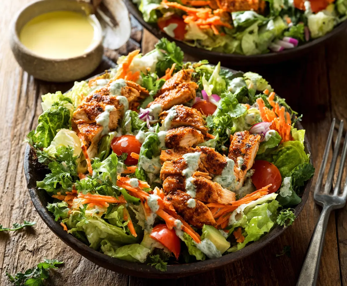 Buffalo Ranch Chicken Salad in a bowl with fresh vegetables, highlighting a spicy and creamy flavor combination.