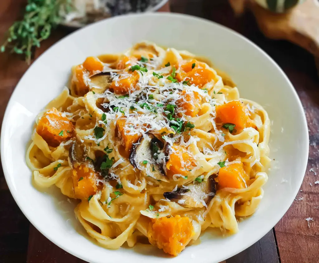 Creamy butternut squash pasta dish served with fresh herbs and Parmesan cheese