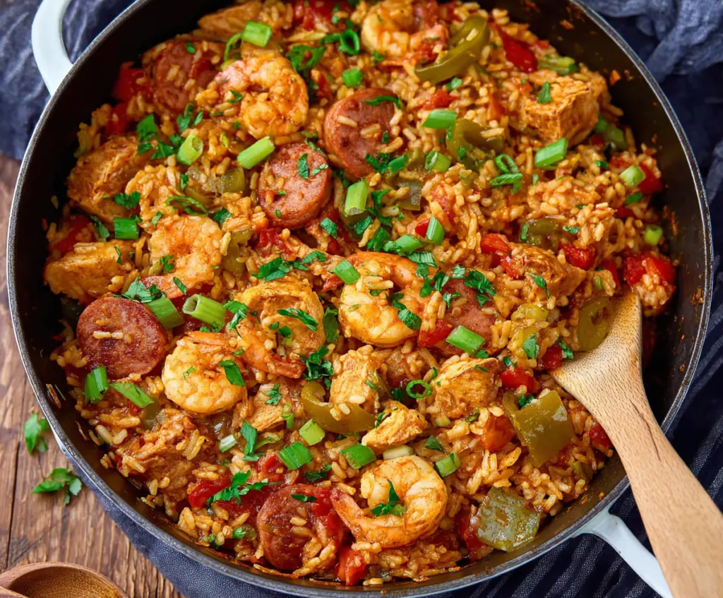 Delicious Cajun jambalaya with chicken, shrimp, and sausage served in a flavorful bowl.