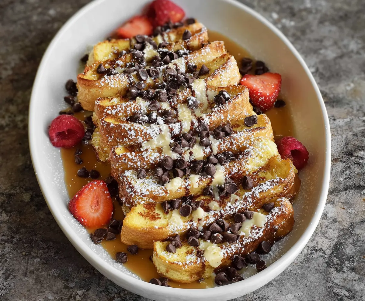Delicious Cannoli French Toast topped with powdered sugar and fresh berries.