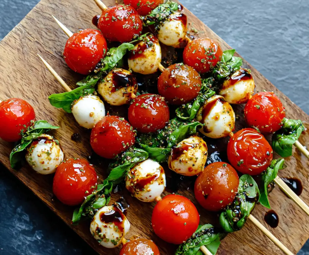 Fresh Caprese Skewers with cherry tomatoes, mozzarella balls, and basil leaves on wooden sticks.