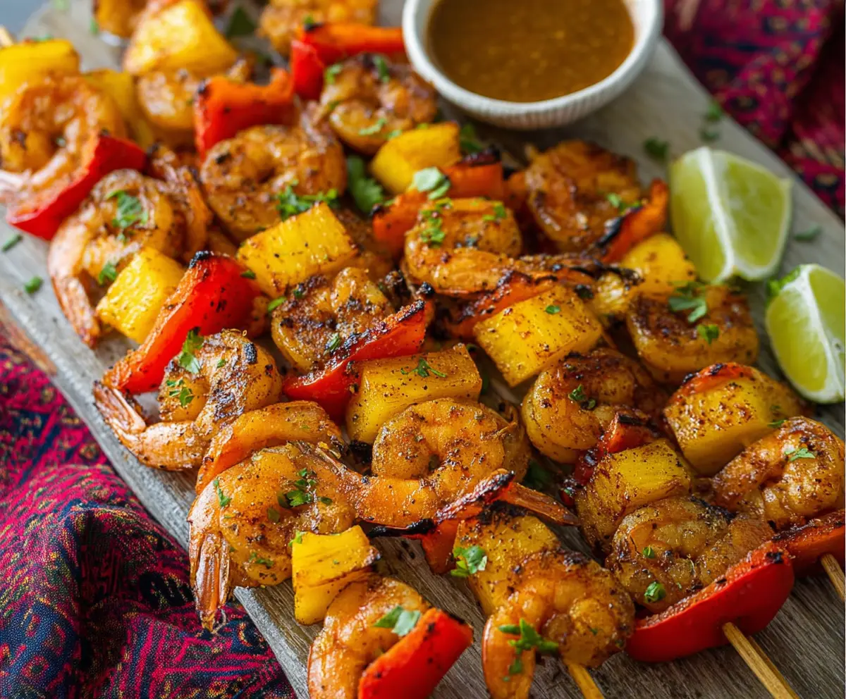 Grilled Caribbean Jerk Shrimp Skewers with colorful vegetables on a platter