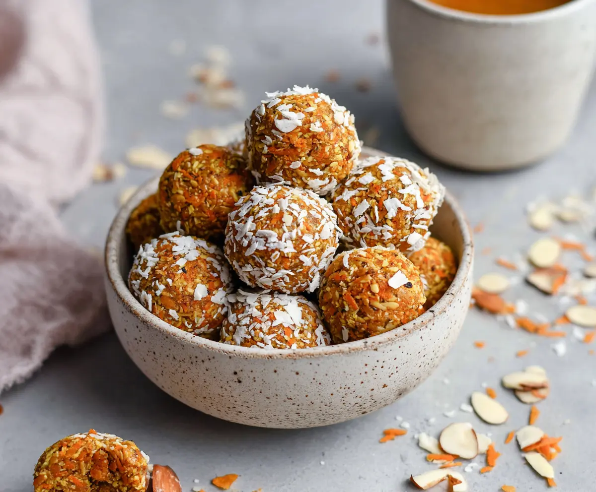 Delicious carrot cake energy bites made with fresh carrots, oats, and spices for a healthy snack.
