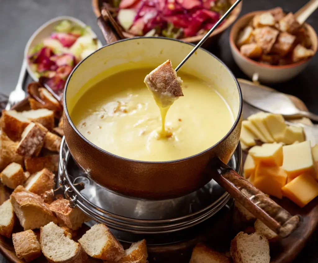 Creamy cheese fondue in a fondue pot with dipping bread and vegetables for a delicious appetizer.