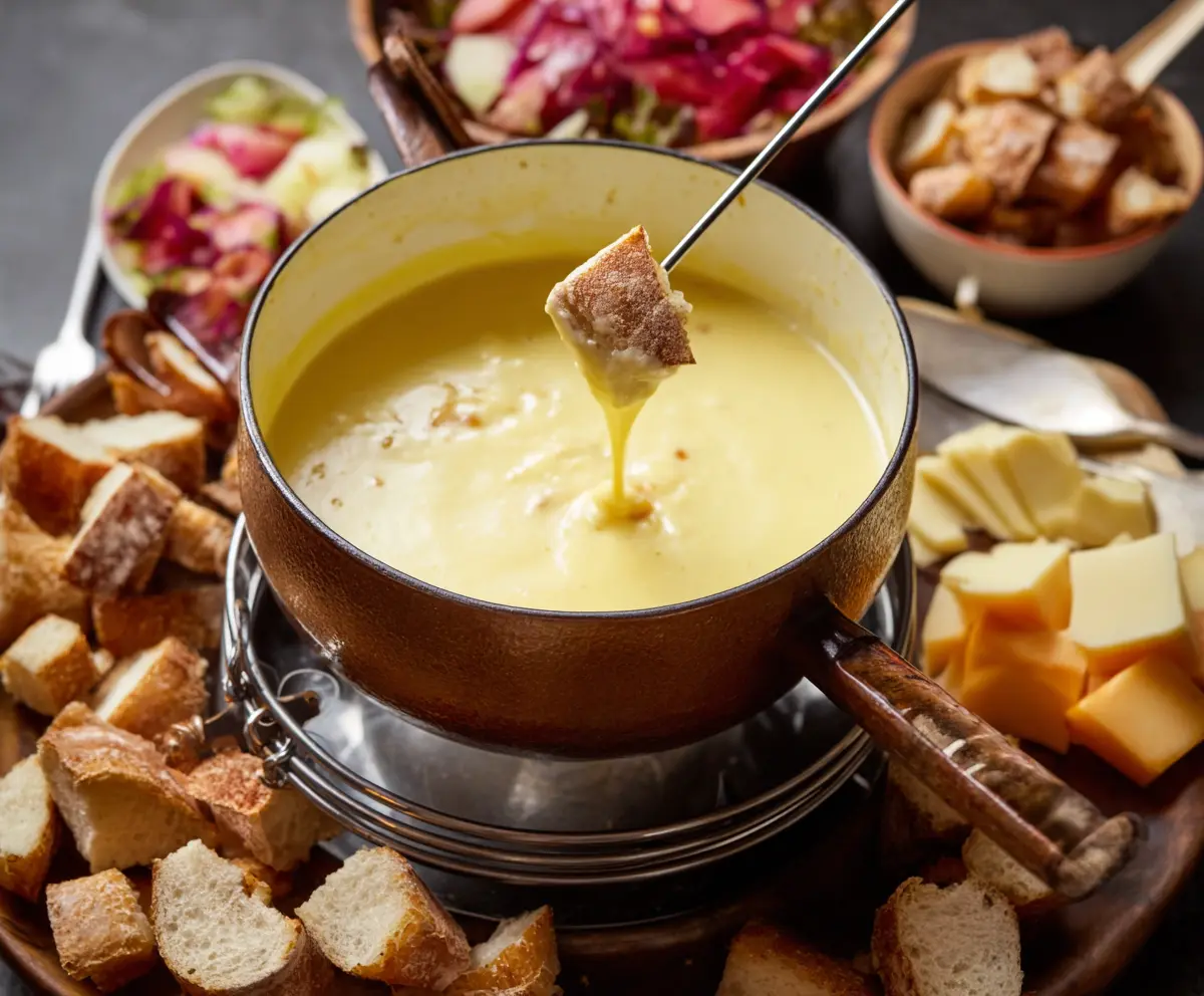 Creamy cheese fondue in a fondue pot with dipping bread and vegetables for a delicious appetizer.