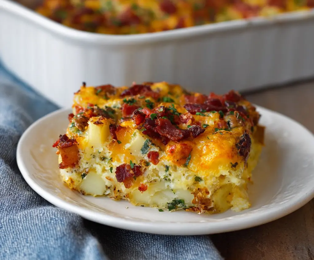 Delicious cheesy bacon and potato breakfast casserole served hot with crispy bacon and melted cheese.