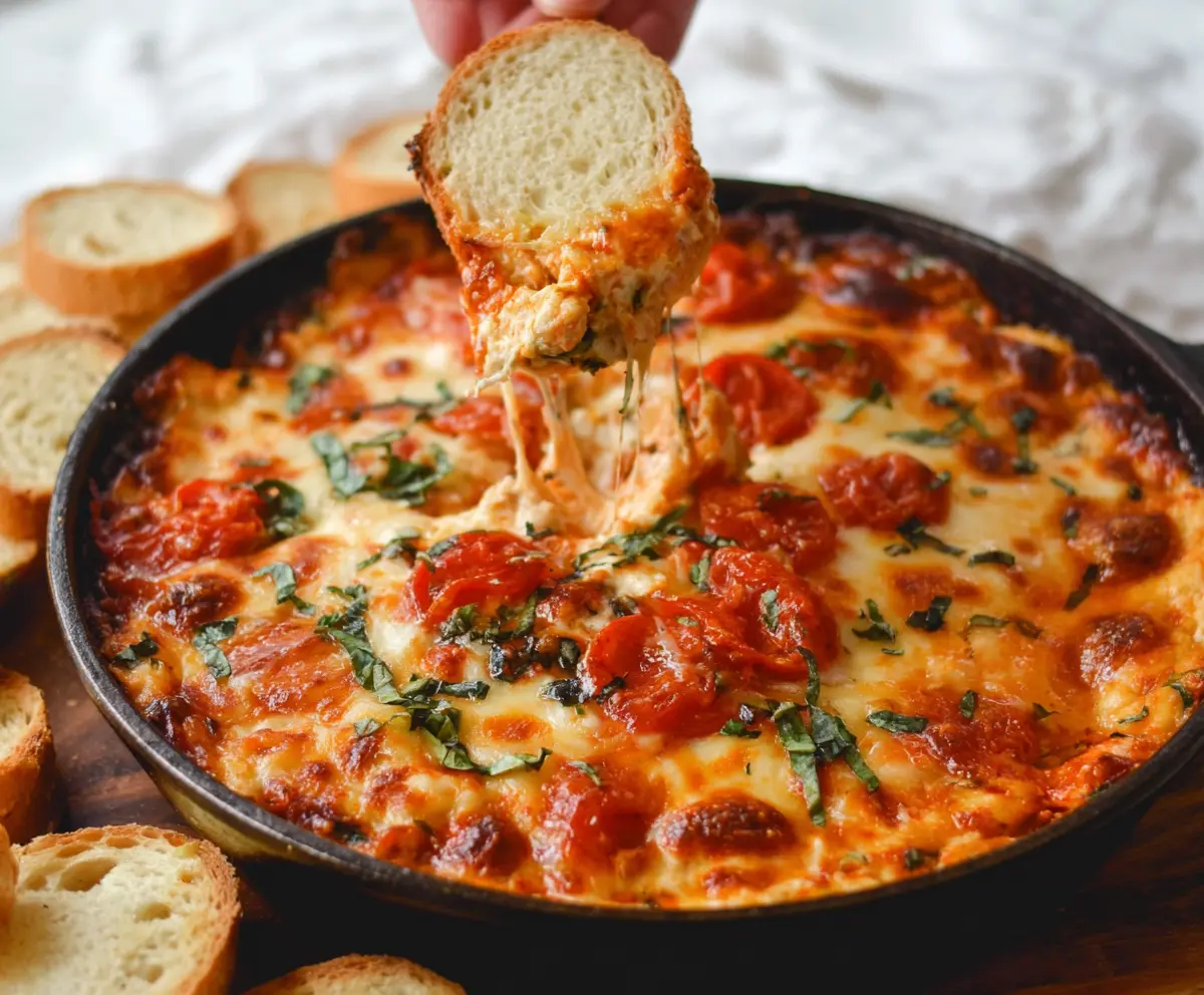 Delicious cheesy baked pizza dip with melted cheese and toppings in a baking dish