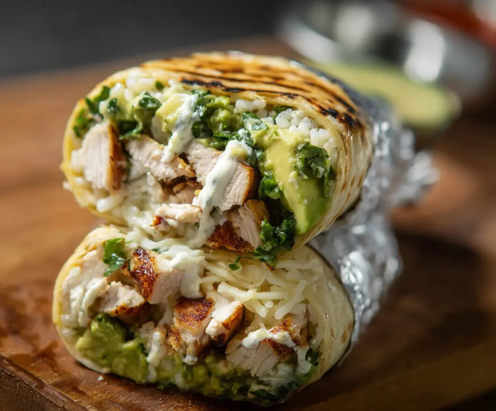 Delicious chicken avocado burrito wrapped in a warm flour tortilla with fresh ingredients.