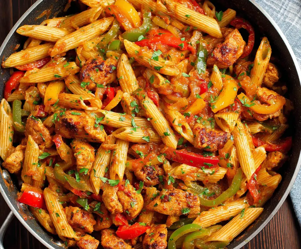 Delicious Chicken Fajita Pasta with colorful peppers and melted cheese