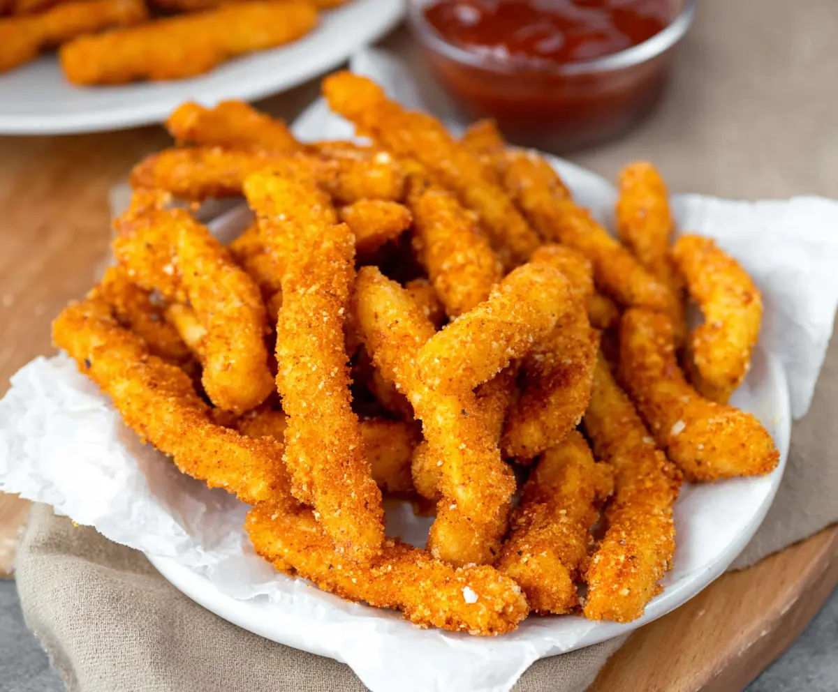 Crispy chicken fries served with dipping sauce on a white plate, perfect for a snack or meal.