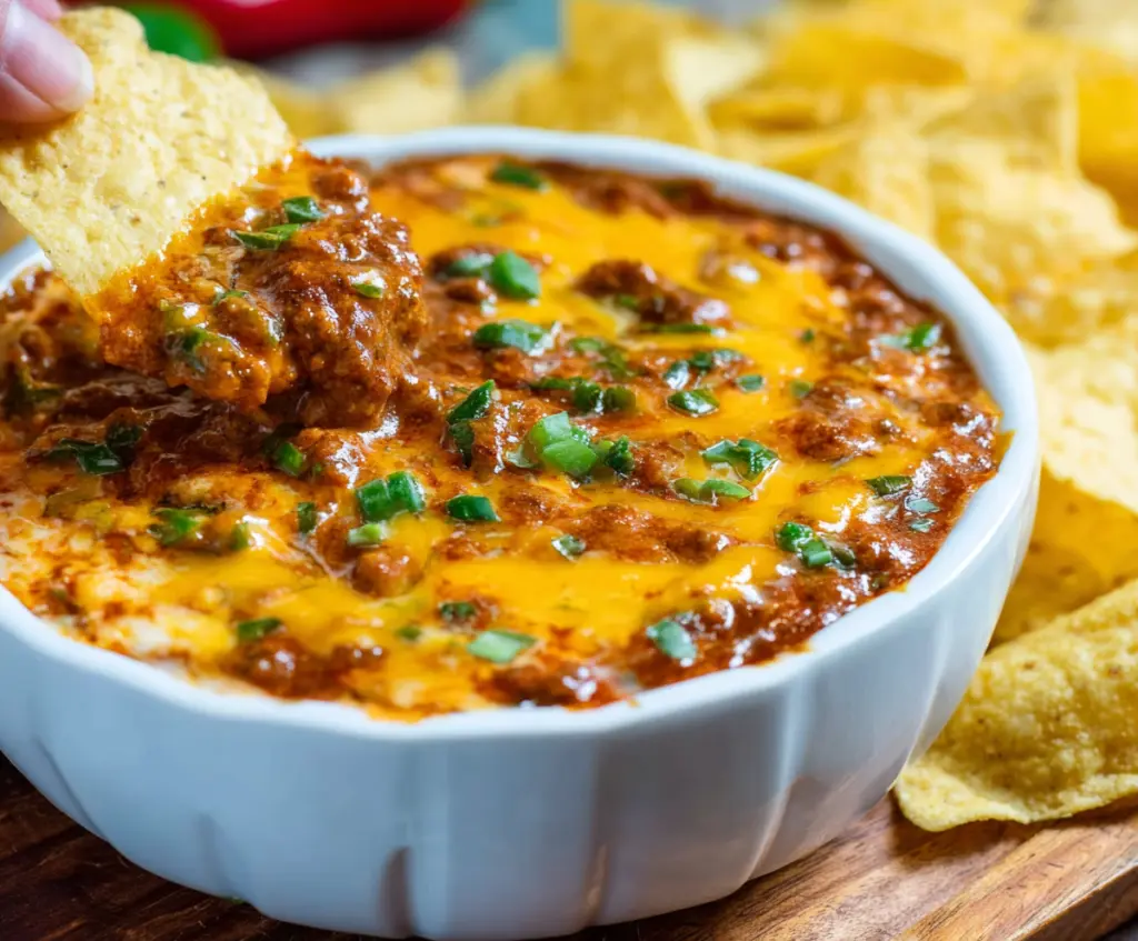 Creamy chili cheese dip served with tortilla chips, perfect for parties and gatherings.