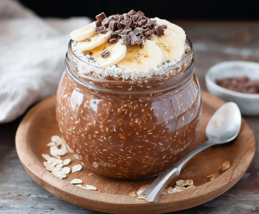 Creamy chocolate banana overnight oats topped with sliced bananas and cocoa nibs in a glass jar.