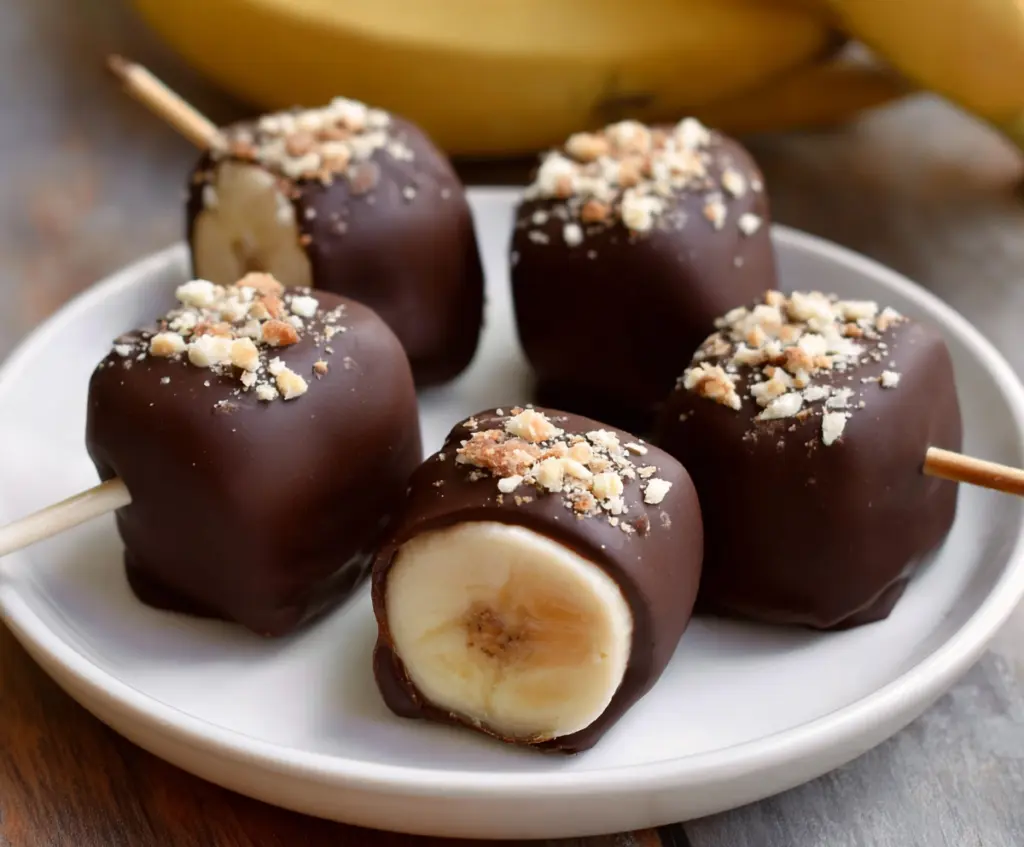 Delicious chocolate covered banana bites garnished with sprinkles on a white plate.