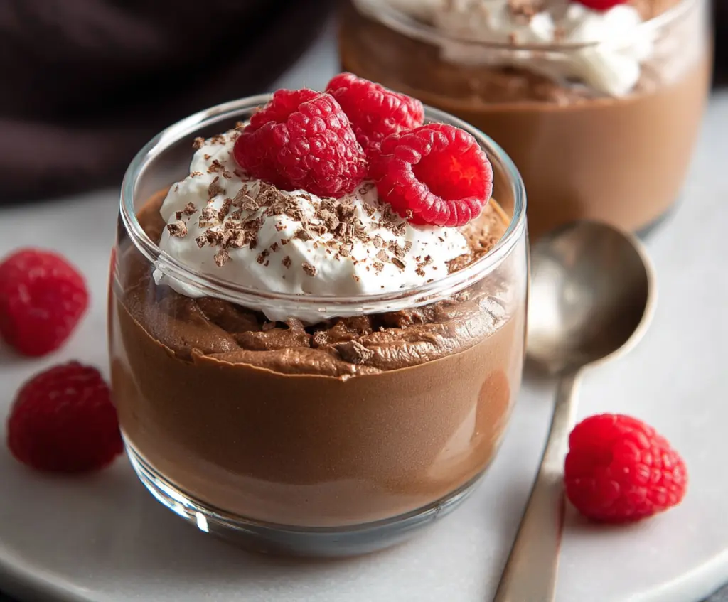 Creamy chocolate protein pudding topped with cocoa powder and a sprig of mint on a white plate.