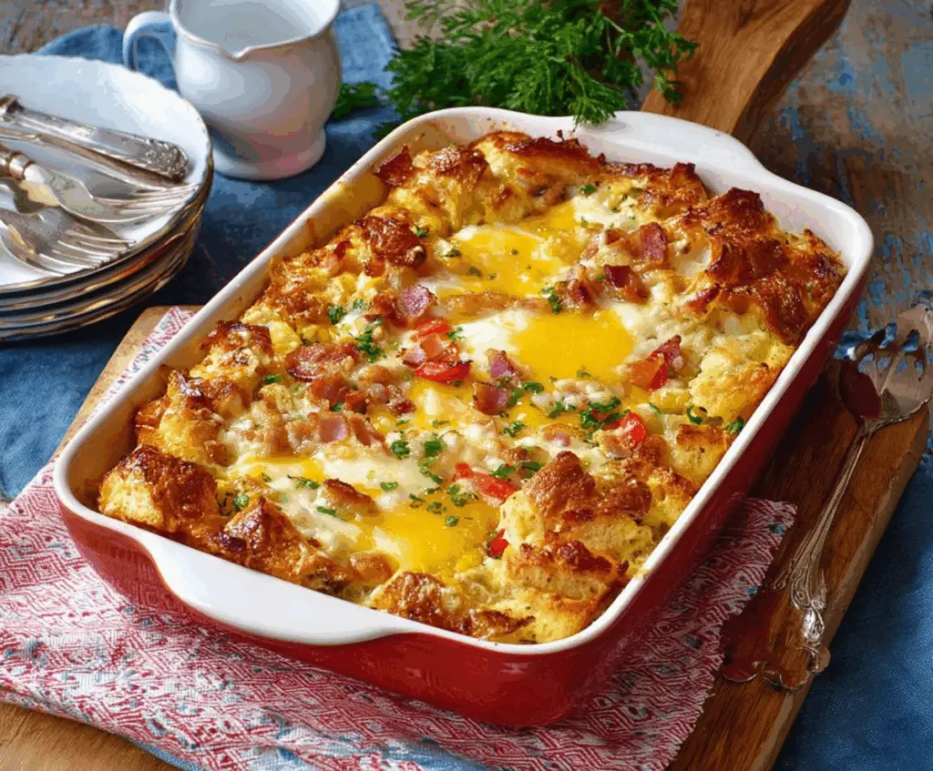 Delicious Christmas Breakfast Casserole with eggs, cheese, and sausage served in a festive holiday setting