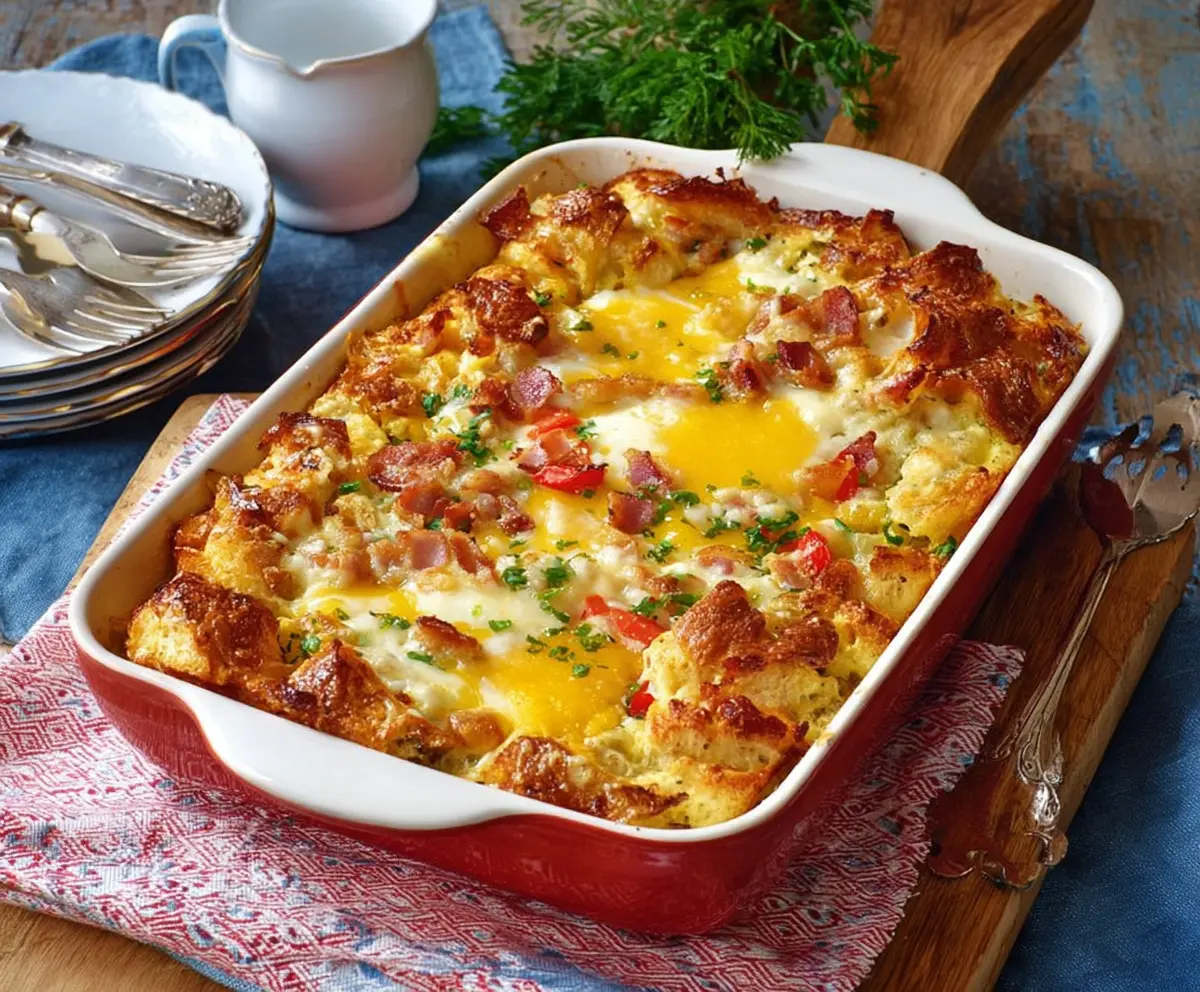 Delicious Christmas Breakfast Casserole with eggs, cheese, and sausage served in a festive holiday setting