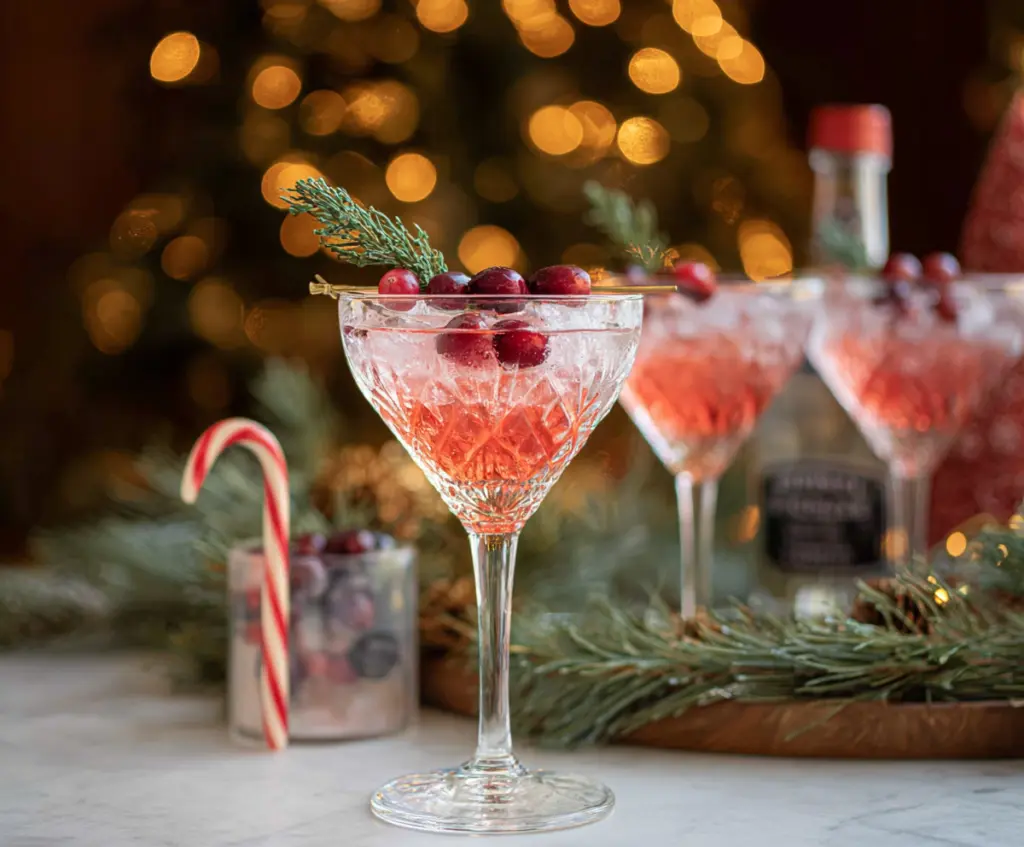 Festive Christmas Vodka Martini garnished with cherries and holiday decorations.