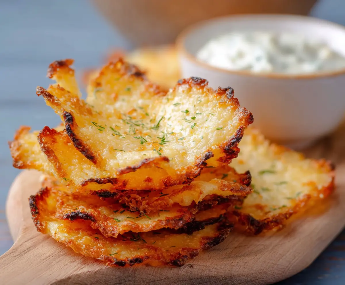 Crispy homemade cottage cheese chips on a plate, healthy snack option.