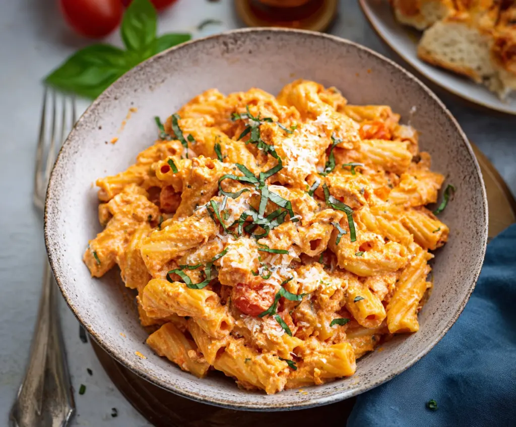 Creamy cottage cheese tomato pasta dish garnished with fresh basil and grated cheese.