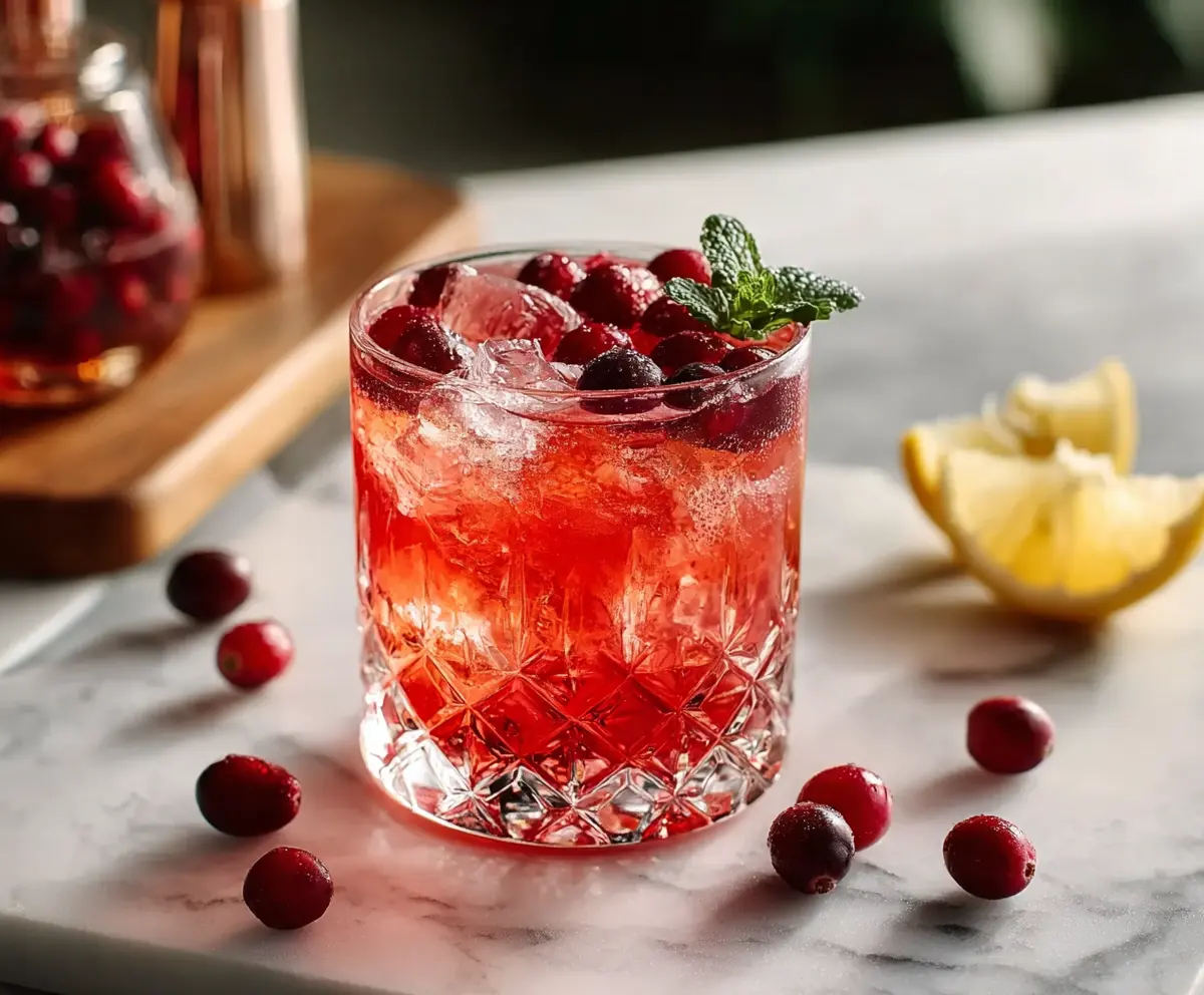 Refreshing Cranberry Bourbon Smash cocktail garnished with fresh cranberries and mint.