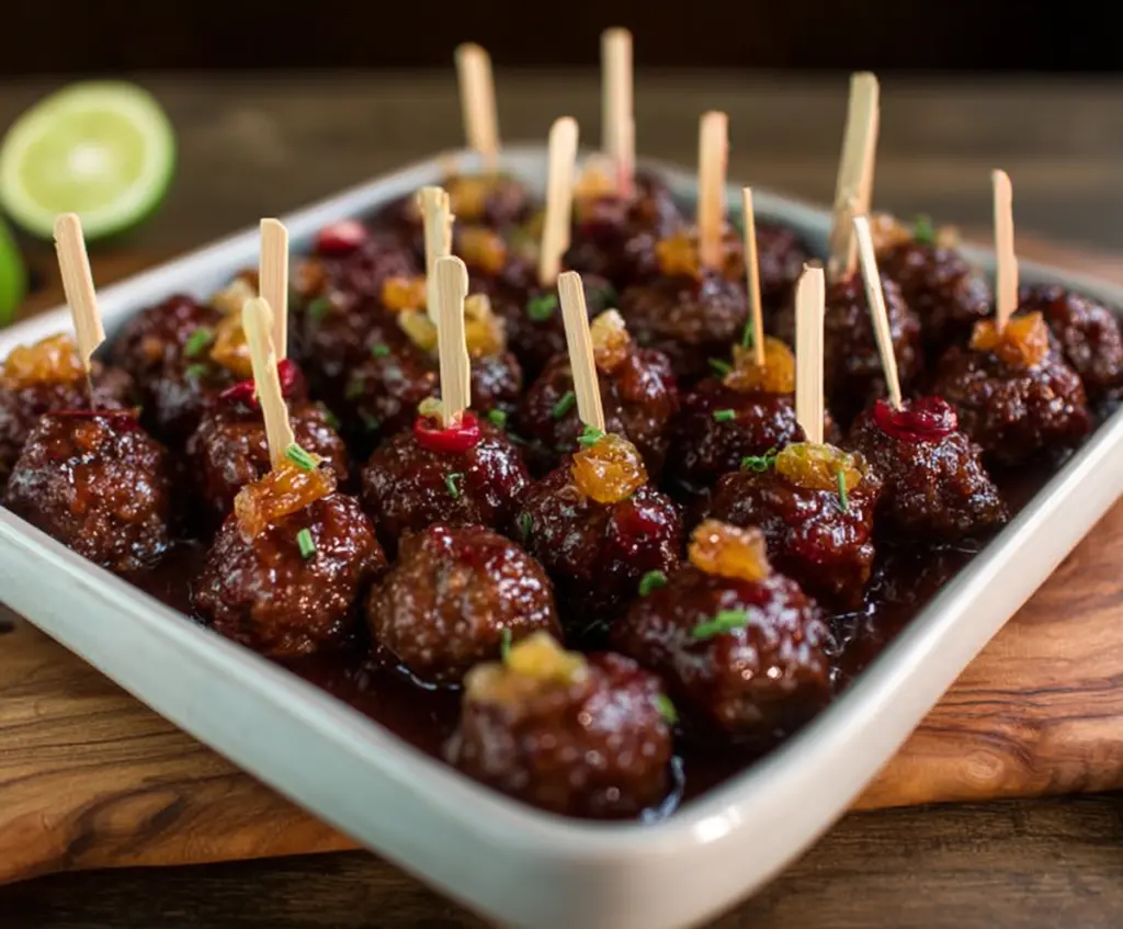 Cranberry Chipotle Cocktail Meatballs served as an appetizer with a tangy cranberry glaze and spicy chipotle flavor.