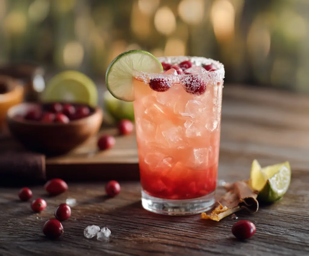 Refreshing Cranberry Ginger Paloma cocktail garnished with fresh cranberries and lime wedge.