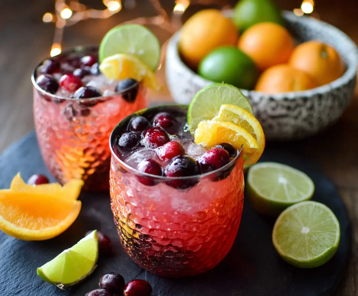 Refreshing Cranberry Orange Moscow Mule cocktail served in a copper mug with fresh cranberries and orange slices.