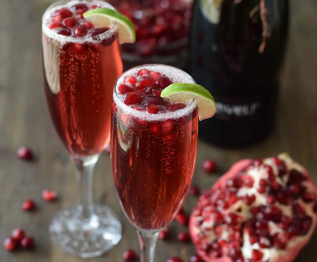 Refreshing Cranberry Prosecco Pomegranate Cocktail in a clear glass garnished with fresh pomegranate seeds and a sprig of mint