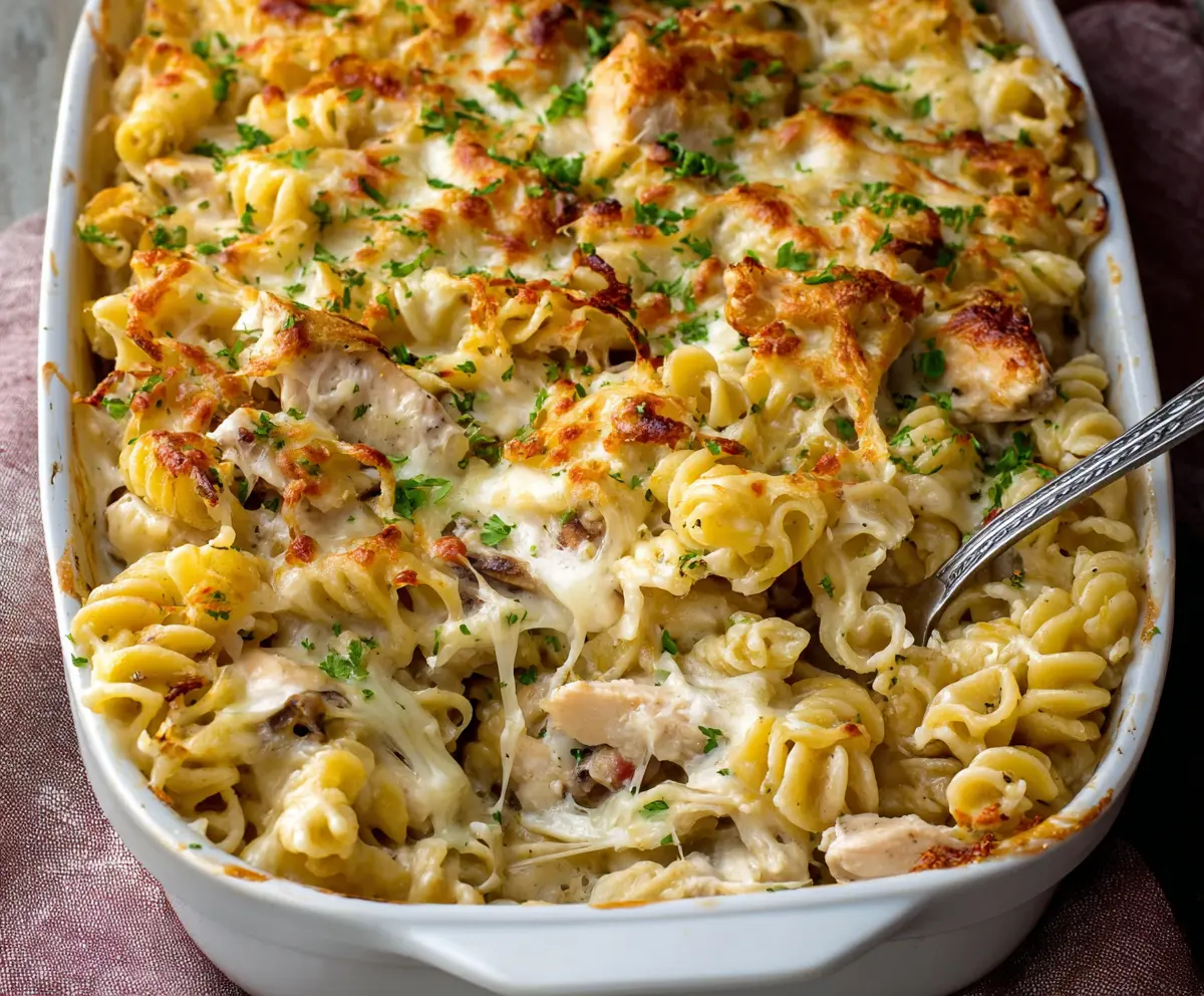 Creamy Chicken Alfredo Pasta Bake with cheesy sauce and tender chicken in a baking dish