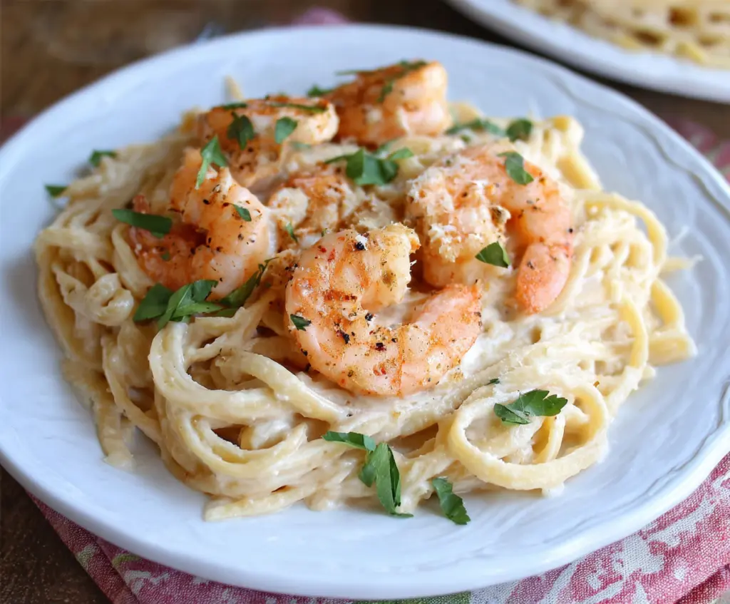 Creamy garlic Parmesan shrimp pasta served in a bowl with fresh herbs and grated cheese.
