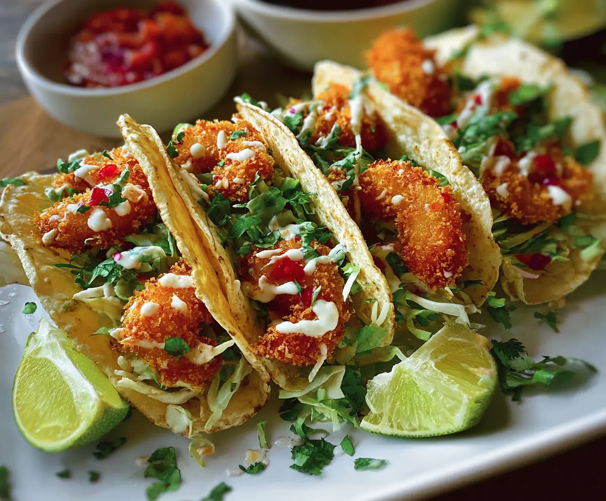 Crispy coconut shrimp tacos topped with fresh cilantro and lime wedges on a white plate.