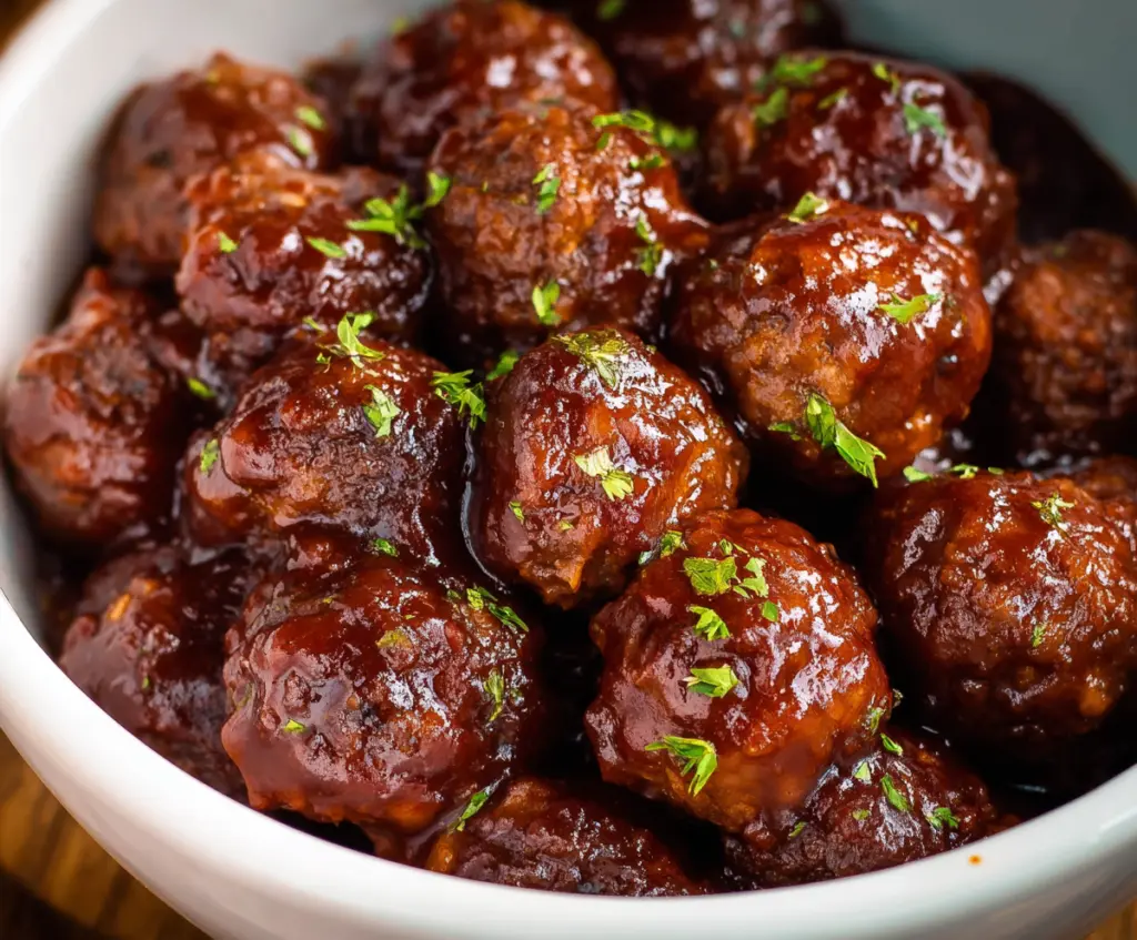Delicious homemade crockpot meatballs glazed with savory BBQ sauce, perfect for appetizers or dinner.