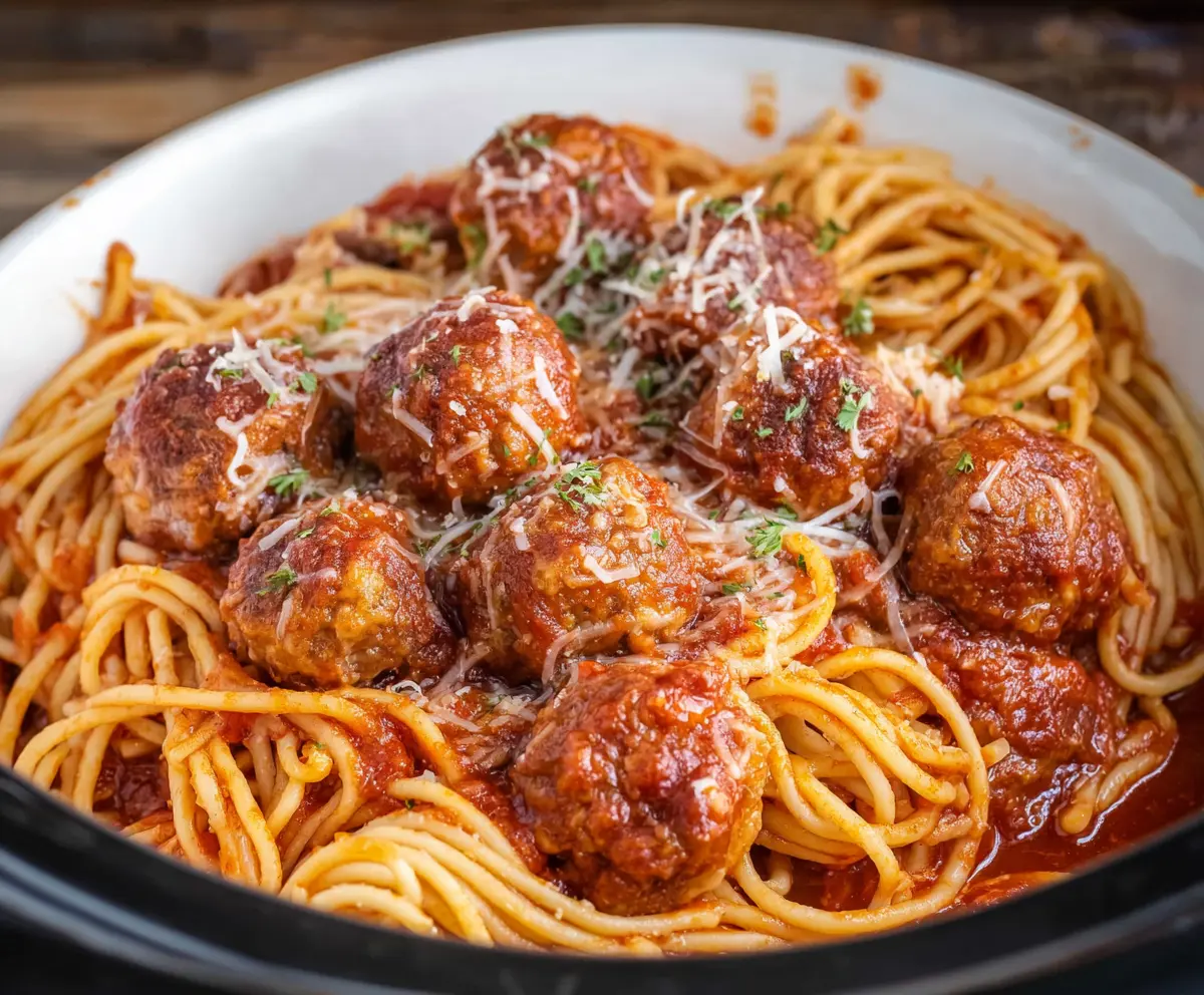 Delicious crockpot spaghetti and meatballs served in a savory tomato sauce.