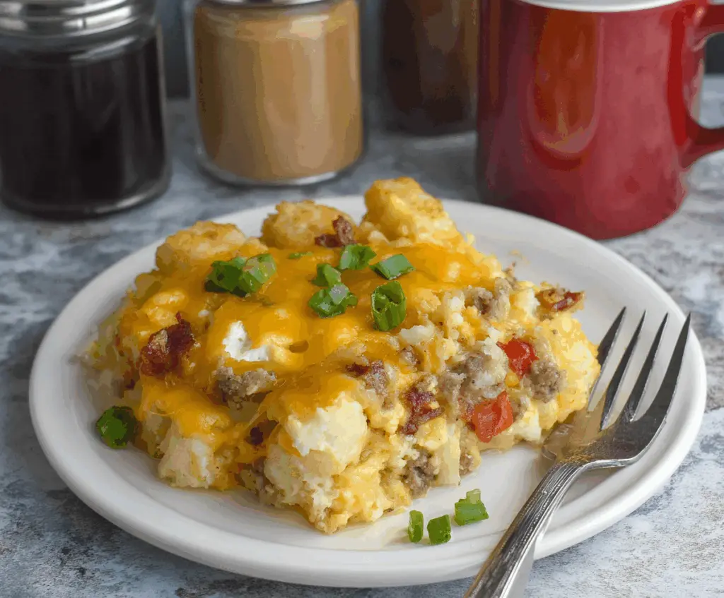 Delicious Crockpot Tater Tot Breakfast Casserole with crispy tater tots, eggs, cheese, and bacon in a slow cooker.