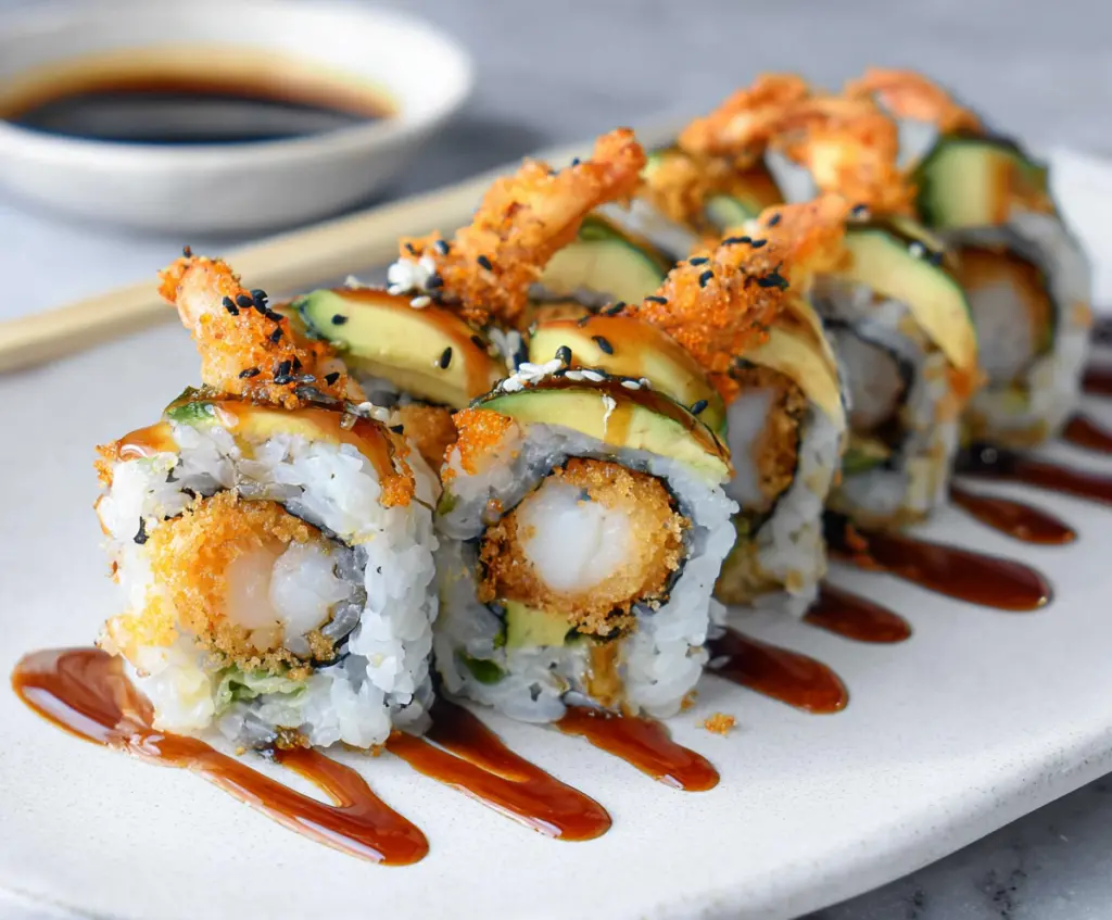 Delicious Crunchy Shrimp Tempura Sushi Roll with crispy exterior and fresh seafood filling.