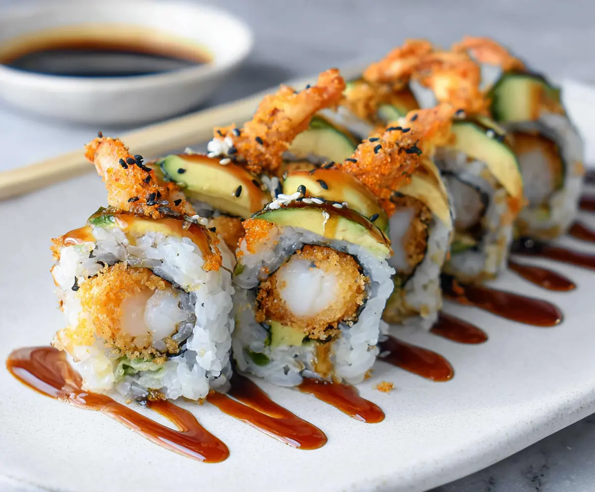 Delicious Crunchy Shrimp Tempura Sushi Roll with crispy exterior and fresh seafood filling.