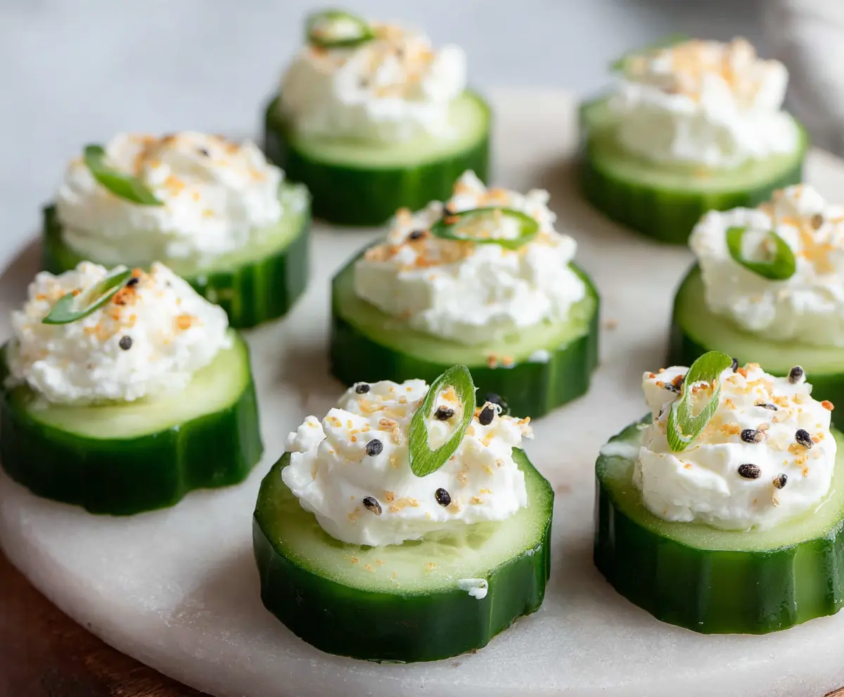 Delicious cucumber and cream cheese bites served as a refreshing appetizer.