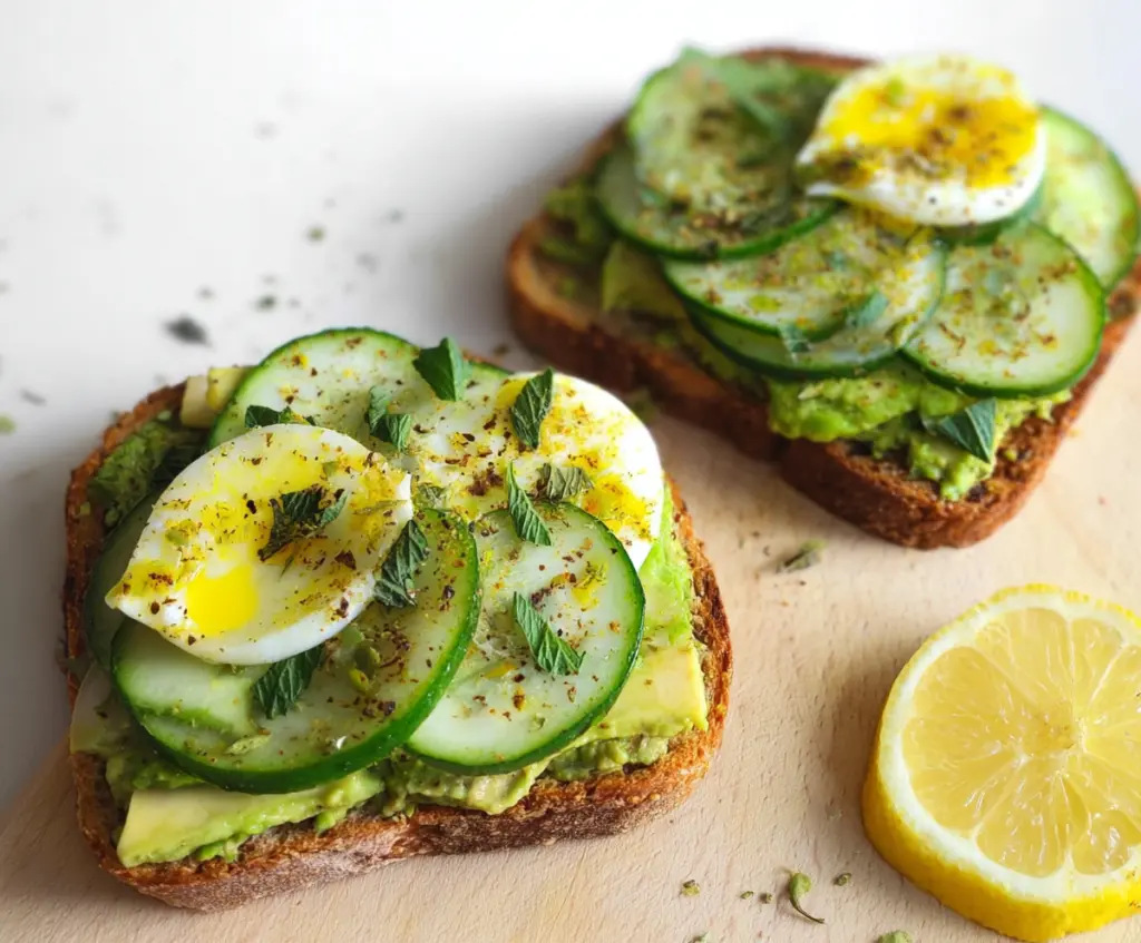 Delicious cucumber and avocado toast topped with fresh herbs, perfect for a healthy breakfast or snack.