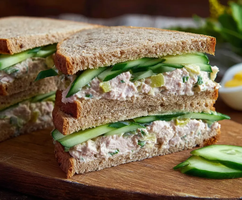 Fresh cucumber and tuna sandwich on whole wheat bread, healthy lunch idea